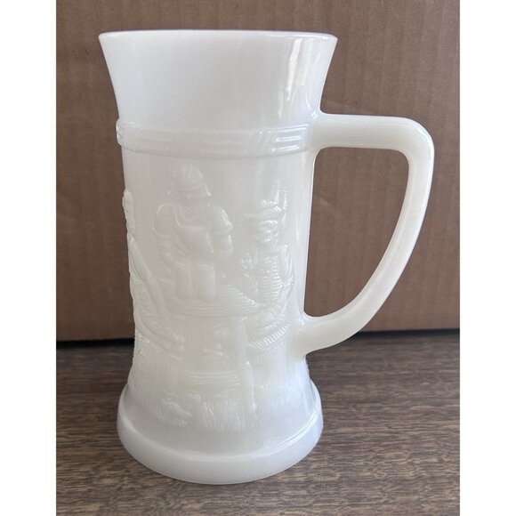 Vintage Federal White Milk Glass Stein Beer Mug Tankards with Pub Tavern Scene - Picture 1 of 5